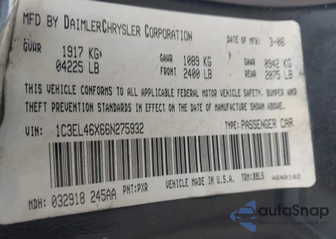 2006 Chrysler Sebring from USA, damaged, VIN 1C3EL46X66N275932